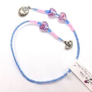 Bookmark Beaded Thong Blue Pink and Silver Hearts